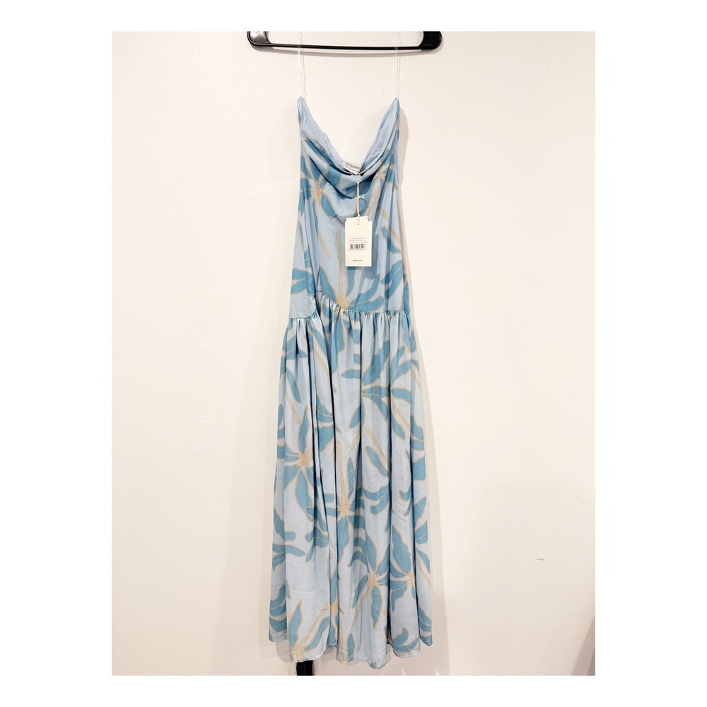 Peppermayo Eden Strapless Maxi Dress Blue Floral Palm Print High Slit NWT - Picture 4 of 6